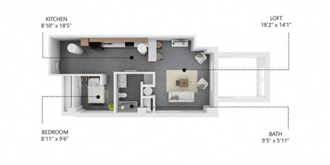 Floor plan for 1 bed, 1 bath, 872 sqft